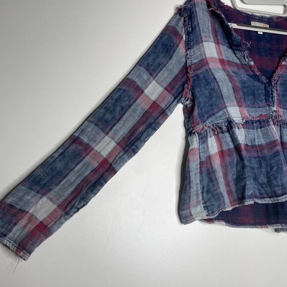 GB Womens Top Size S Blue Plaid Long Sleeve V-Neck Casual Pullover Blouse - Picture 5 of 12